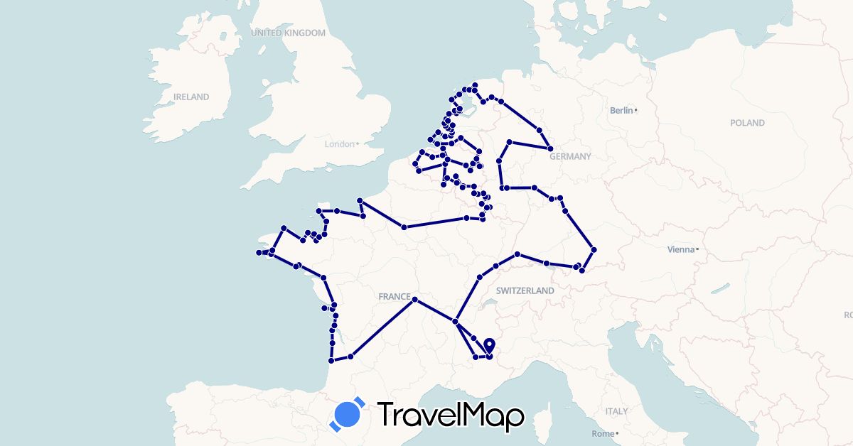 TravelMap itinerary: driving in Belgium, Germany, France, Luxembourg, Netherlands (Europe)